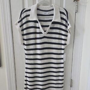 SONOMA BRAND WOMEN'S PETITE BLACK & WHITE STRIPES LONG SHORT SLEEVES DRESS PM